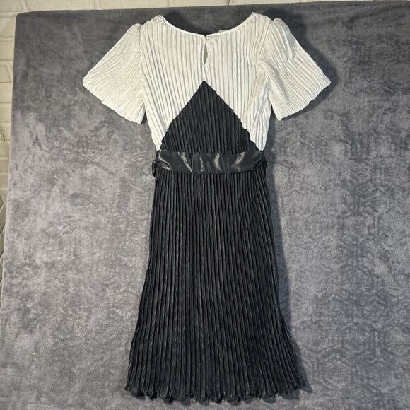 Edith Flagg VTG Pleated MIDI Dress S Black White Puff Sleeve Sequin Flapper Coco - Picture 9 of 12